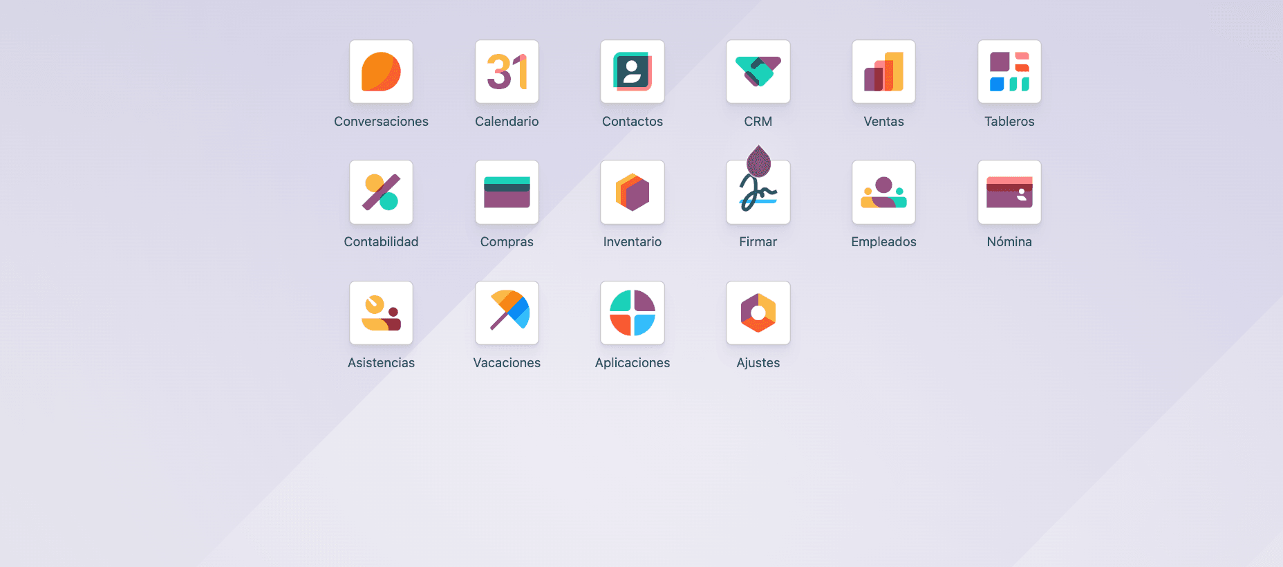 Dashboard de Odoo con los módulos: Contabilidad, Ventas, CRM, Inventario, Nómina y más